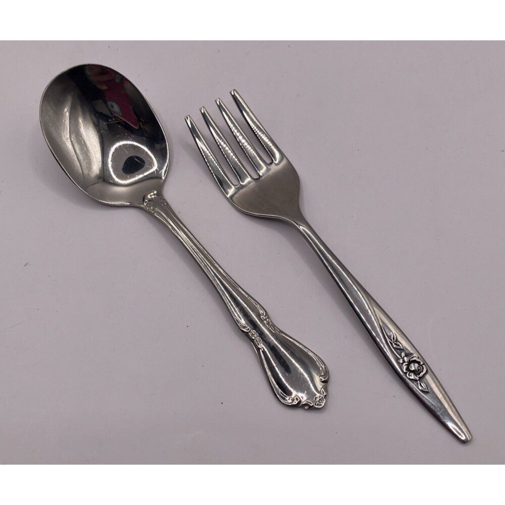 VTG Oneida Craft Deluxe England Stainless Child Toddler Rose Fork Scroll Spoon